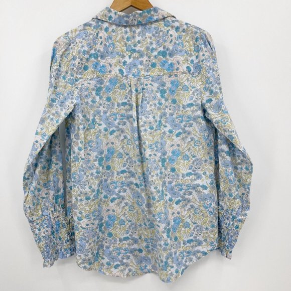 Free People Blue Floral Button Front Top Long Sleeve Cottage Bohemian - Picture 6 of 9